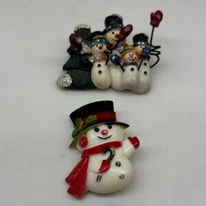 Pair of Vintage Snowman Christmas Brooches Holiday Pins Snow Family
